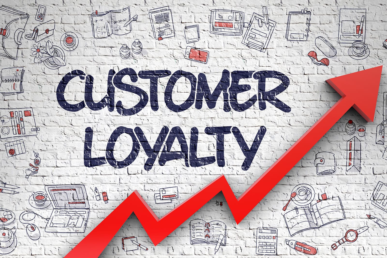 Red arrow pointing upwards with "Customer Loyalty" written on a brick wall background.