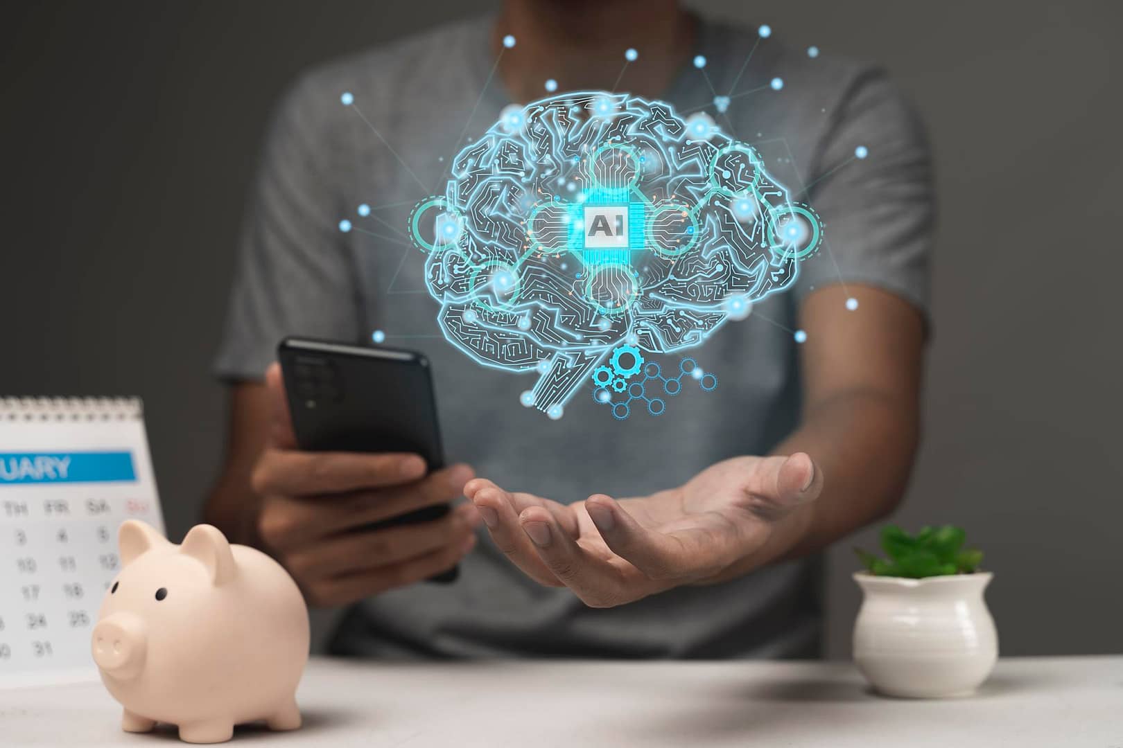 Person holding a smartphone with a glowing AI brain graphic above their hand, representing AI technology.