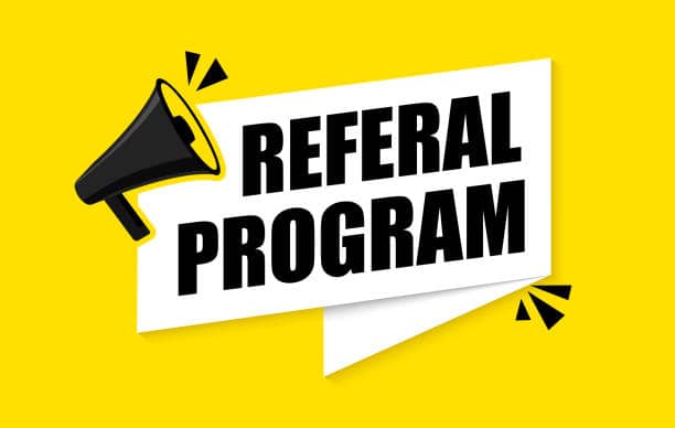 Megaphone with "Referral Program" written in bold on a yellow background.